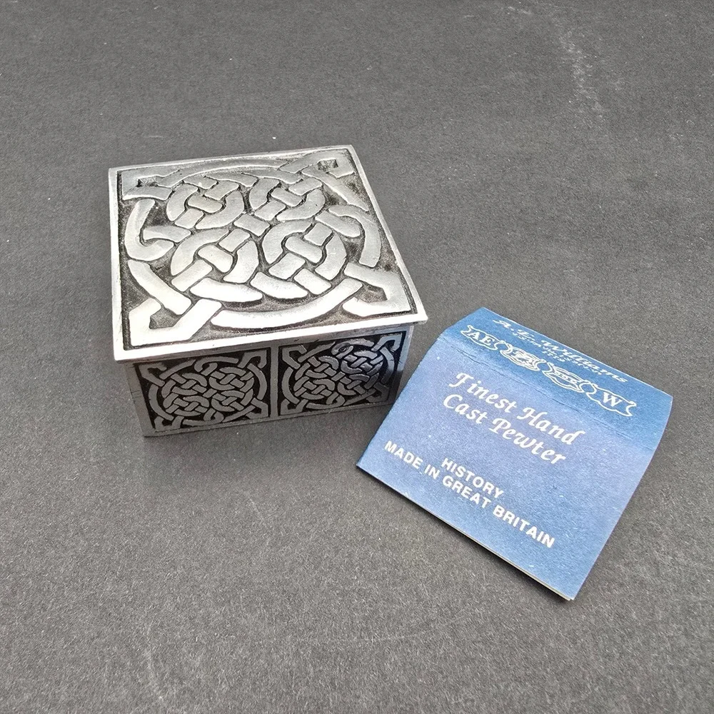 A.E. Williams Celtic Knot Pewter Trinket Box Blue Velvet Lining Made in England